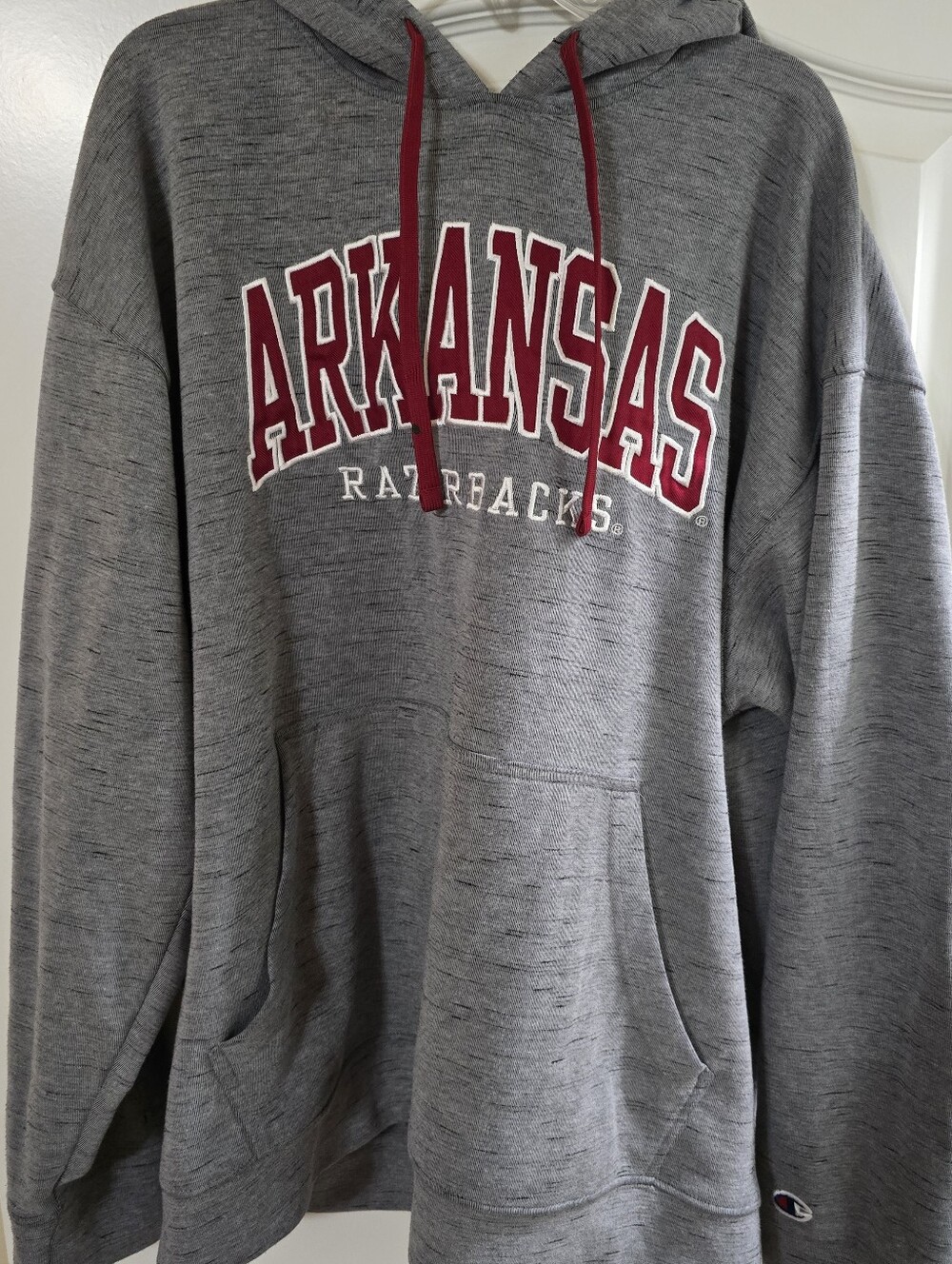 Champion Gray Pullover Hoodie with Red Arkansas Script